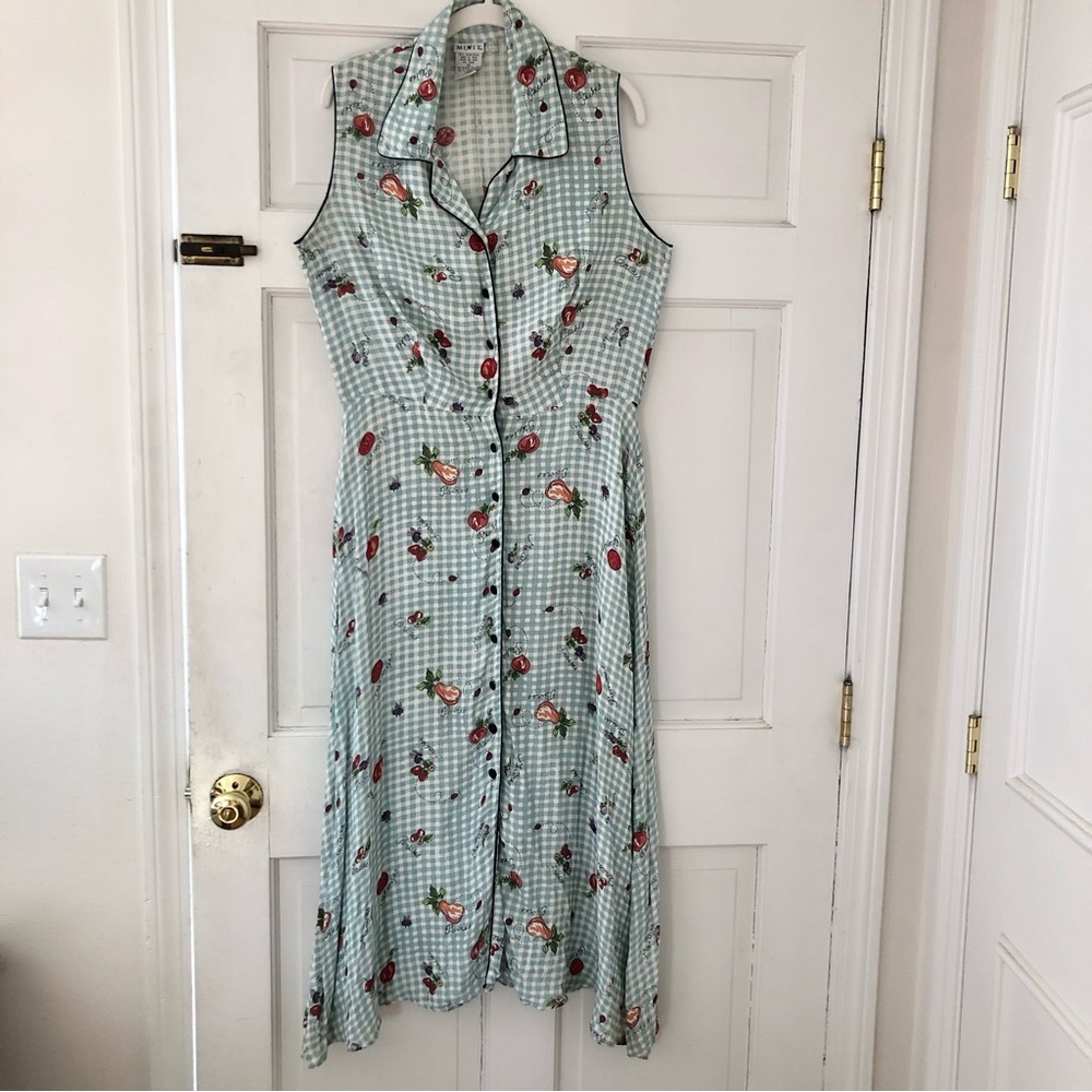 Vintage Fruit Maxi Dress Ladybugs Checkered ladybugs Buttons Belt 12 1980's